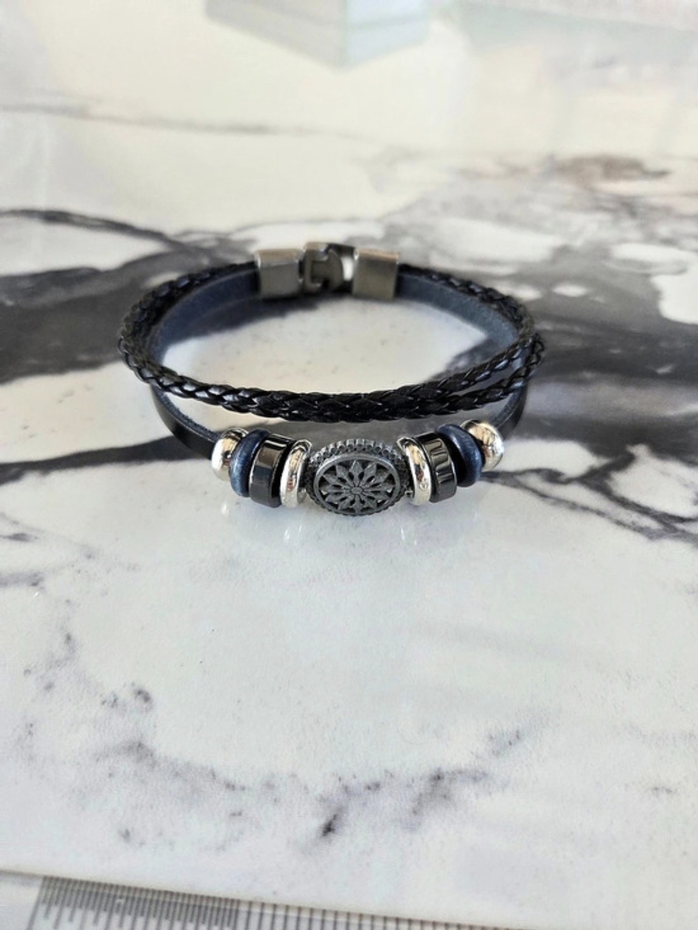 Multi-Strand Braided Leather & Beaded Bracelet with Charm